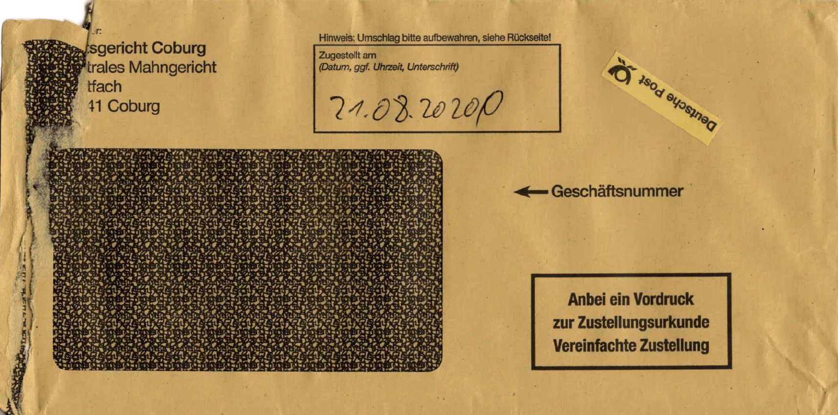 Förmliche Zustellung in gelbem Umschlag