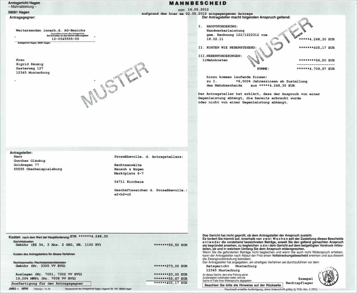 Muster eines gerichtlichen Mahnbescheids