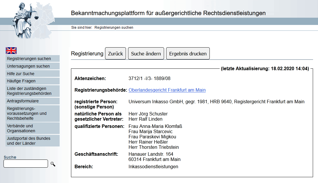 Eintragung Universum Inkasso im Rechtsdienstleistungsregister
