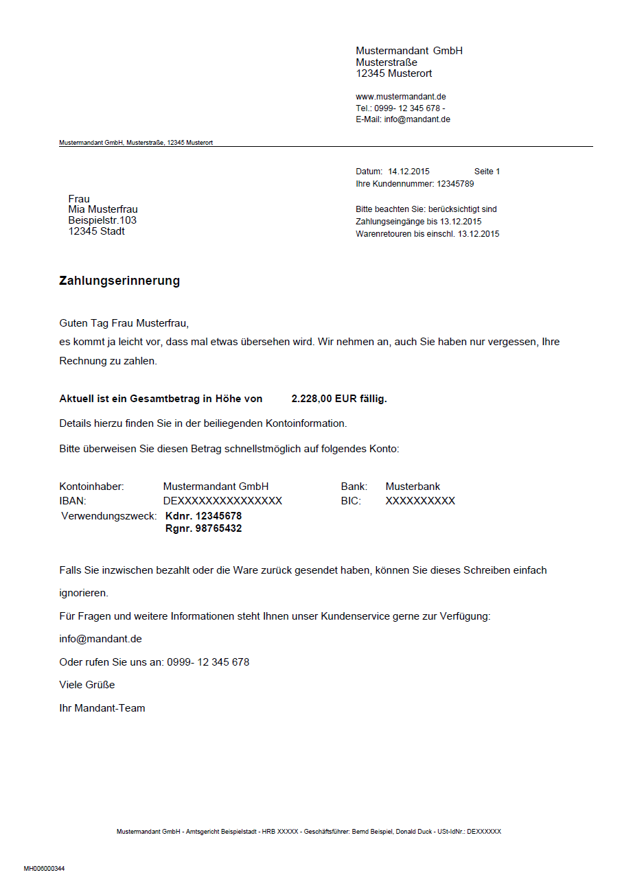 Zahlungserinnerung bei verzögerter Zahlung