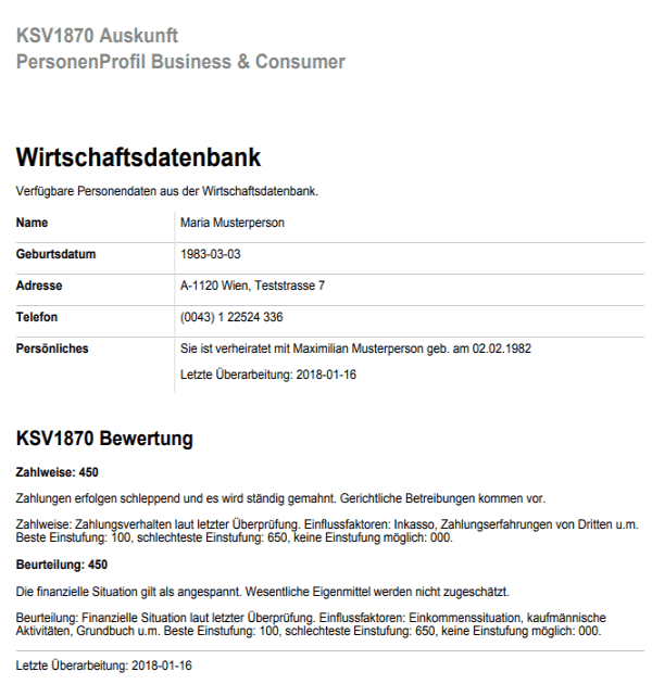 KSV Auskunft Personendaten und Bewertung