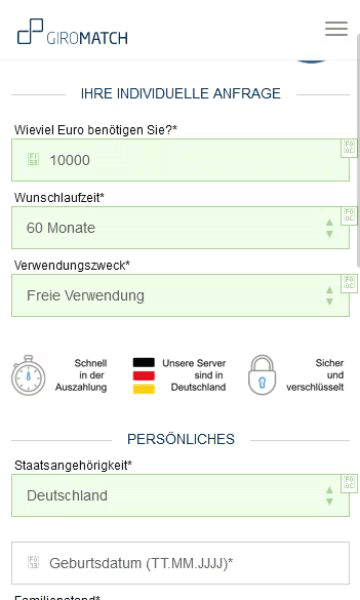 Kredit mit Sofortauszahlung Antrag Schritt 1