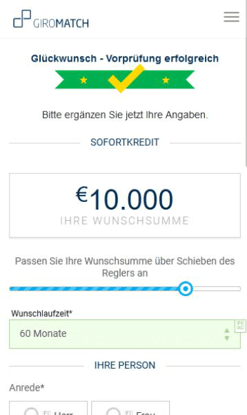 Kredit mit Sofortauszahlung Antrag Schritt 2