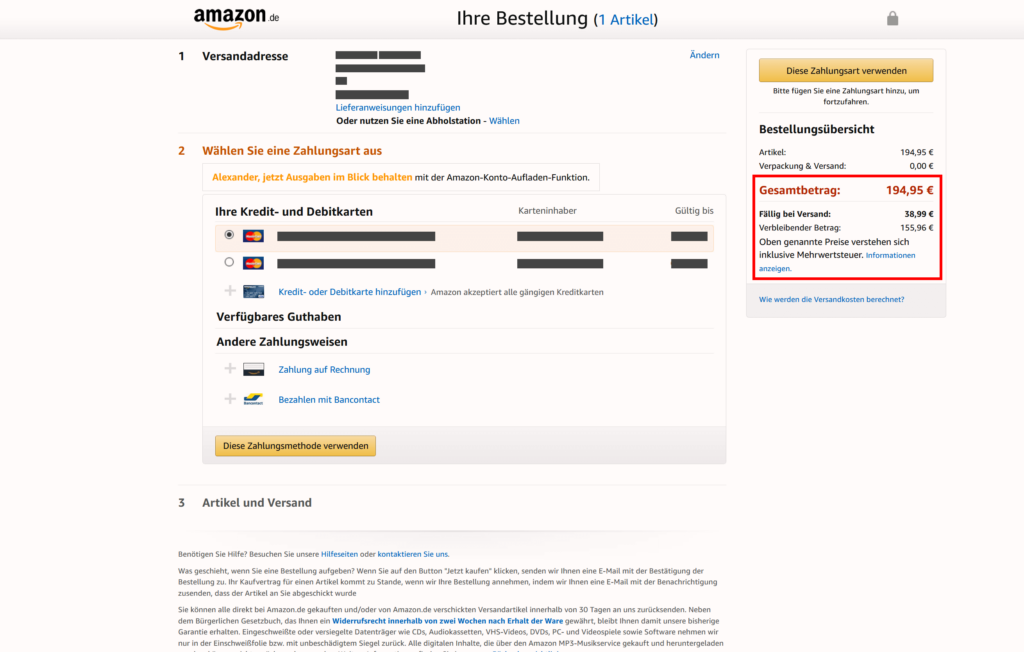 Amazon Ratenzahlung Checkout