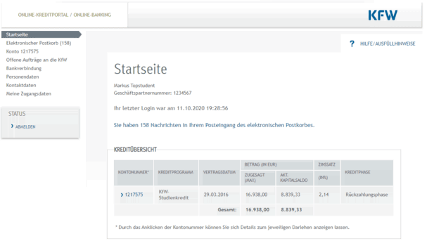 KFW Studienkredit Login Bereich Auszahlung