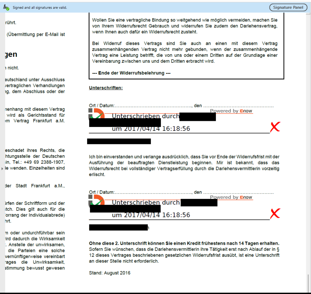 unterschriebener kreditvertrag mit pdf signatur von idnow