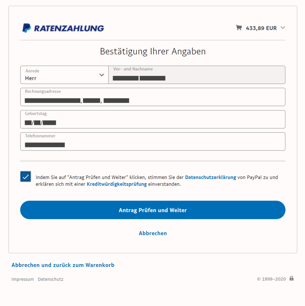 Paypal Ratenzahlung Angaben bestätigen