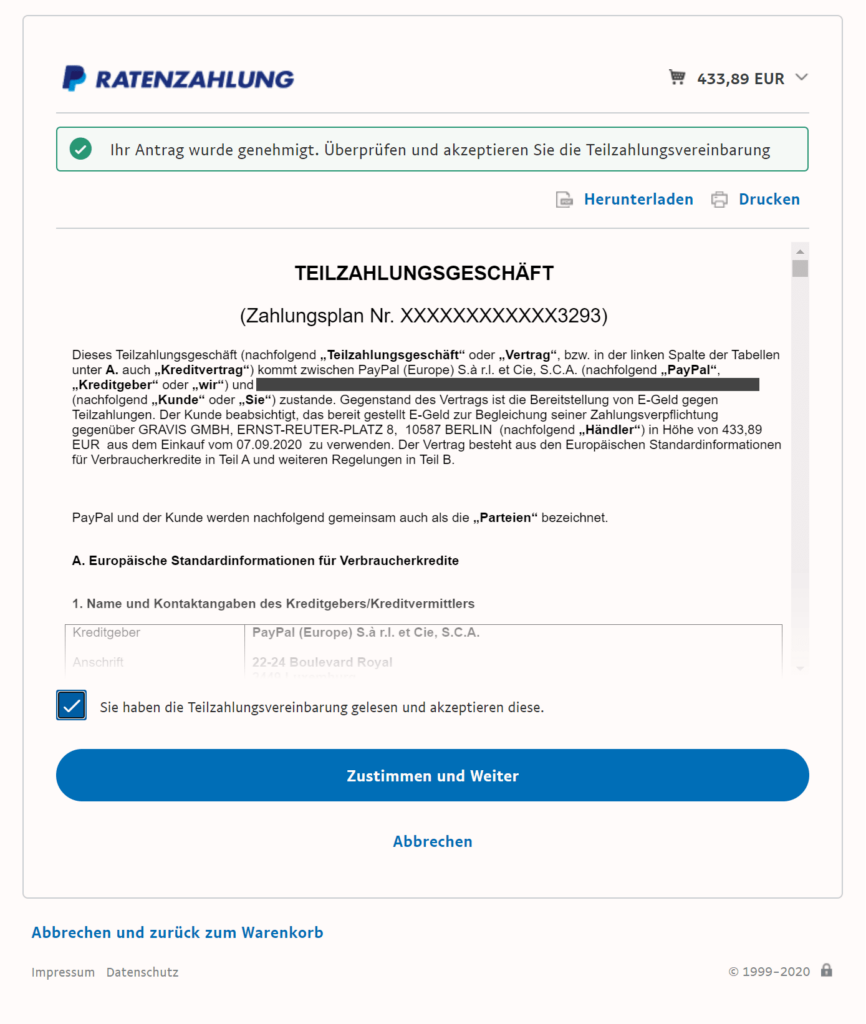 Paypal Ratenzahlung Antrag genehmigt