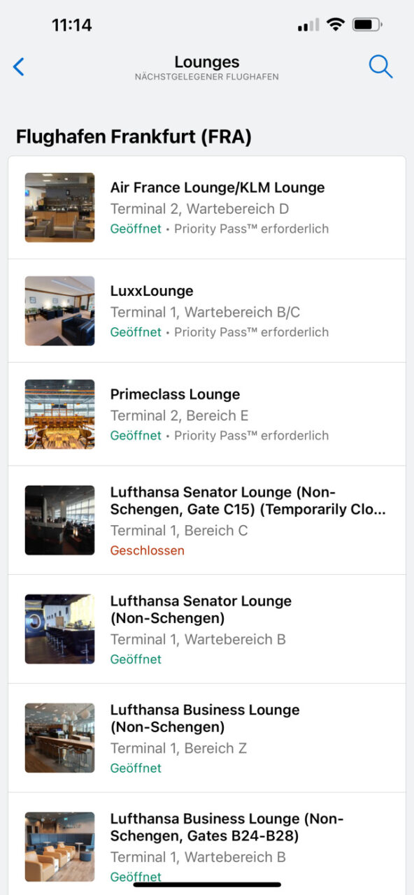 Flughafen Lounges zugänglich in American Express App