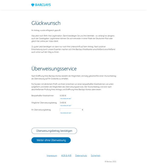 Barclaycard Kreditrahmen Genehmigung 6000 Euro dritter Schritt