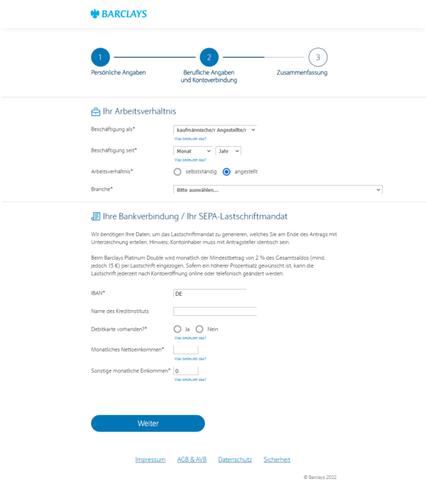 Barclays Kreditkarte beantragen: Beruf und Einkommen zweiter Schritt