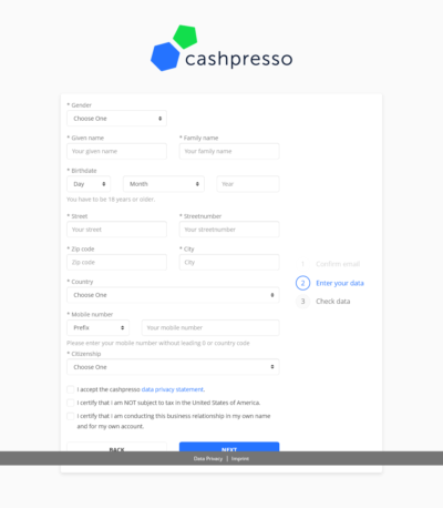 cashpresso Schritt 2 Angabe persönlicher Daten