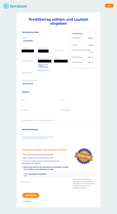 Ferratum Xpresscredit Antrag: Persönliche Daten