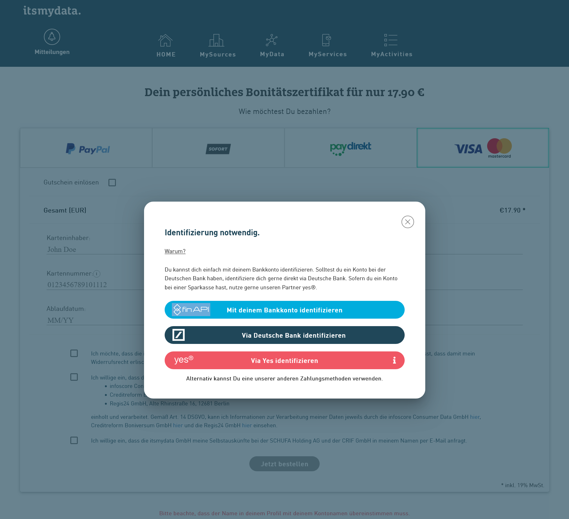 itsmydata Antrag Bezahlung mit Kreditkarte