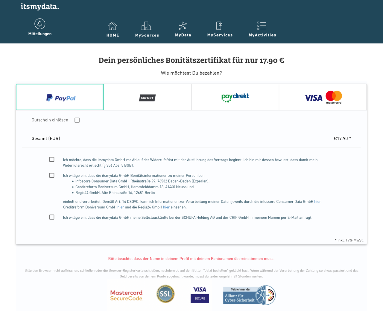 itsmydata Antrag Bezahlung mit PayPal