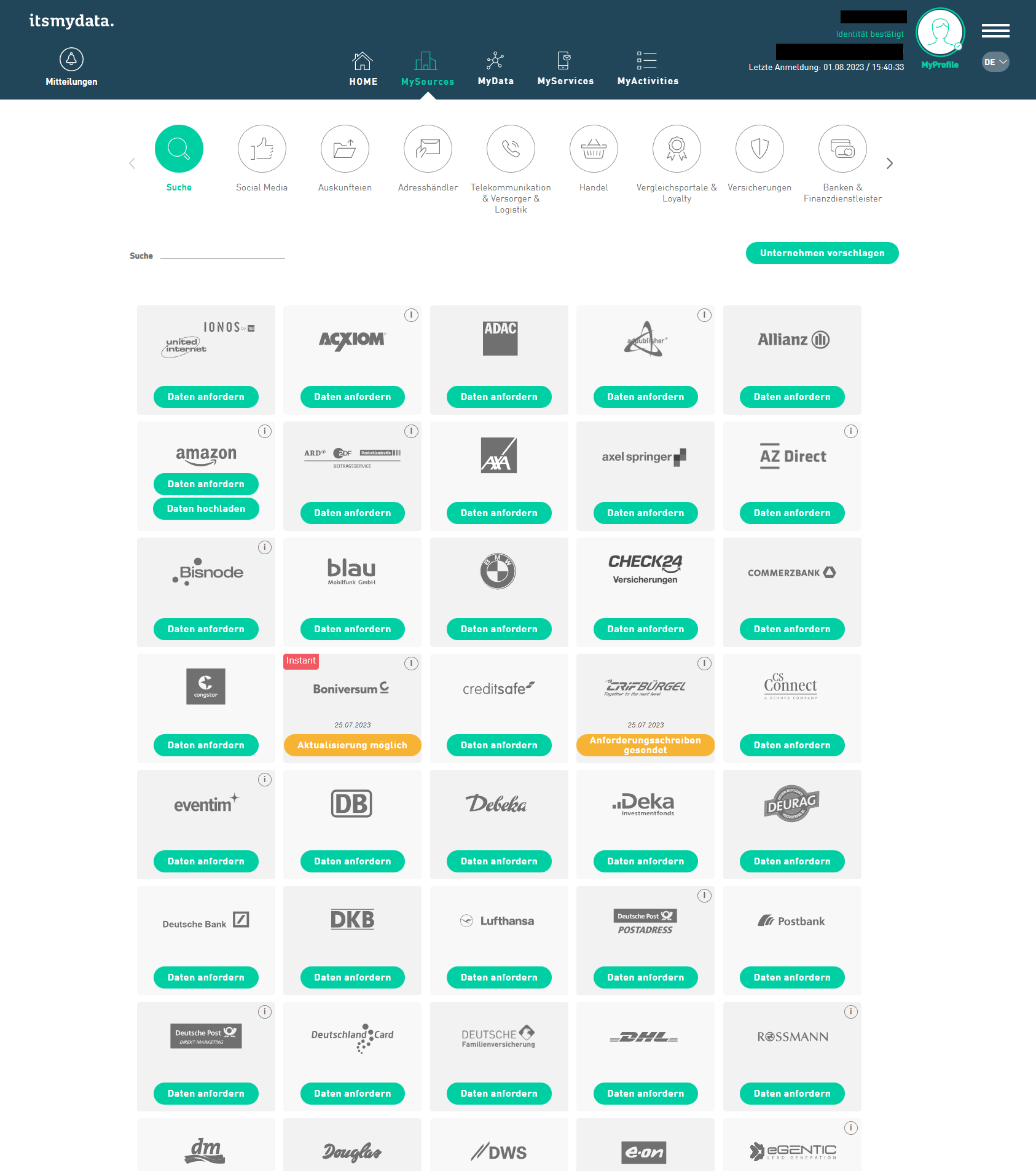 itsmydata Datenauskunft mögliche Anbieter