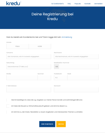 kredu Antrag Persönliche Daten und SCHUFA-Erlaubnis