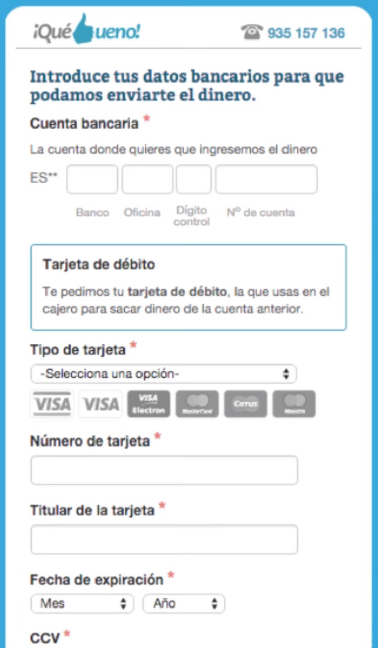 Quebueno: Introduce tus datos bancarios para que podamos enviarte el dinero