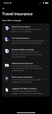 Overview of Revolut Ultra's travel insurance