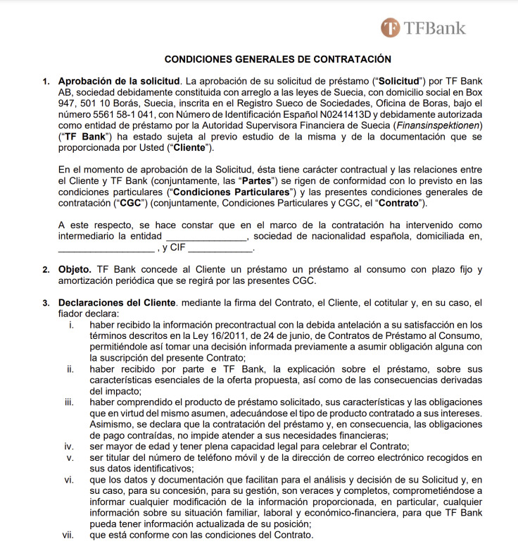 Contrato de préstamo de TF Bank